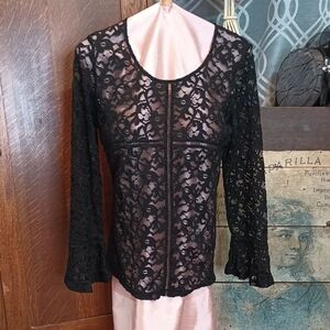 Heavyweight Stretchy Black Floral Embroidered Lace Long Poet Sleeve Top Large